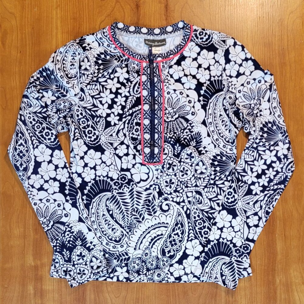 Tommy Bahama Paisley Paradise Navy & White Half Zip Rash Guard Swim Shirt - XS - Picture 5 of 10